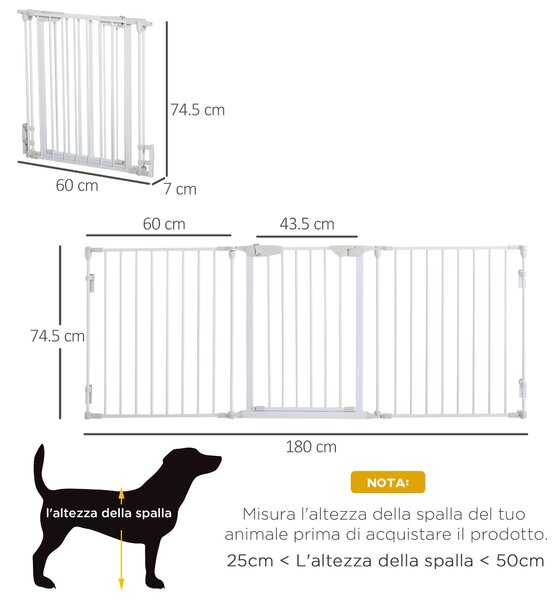 PawHut Cancelletto per Cani con Chiusura Automatica e Sistema di Blocco, in Metallo e Plastica, 180x74.5 cm, Bianco | Aosom Italy