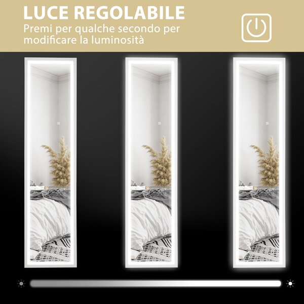 HOMCOM Specchio Illuminato con Luci LED Regolabili e Pulsante Touch, in Vetro e MDF, 40x5x160 cm, Bianco | Aosom Italy