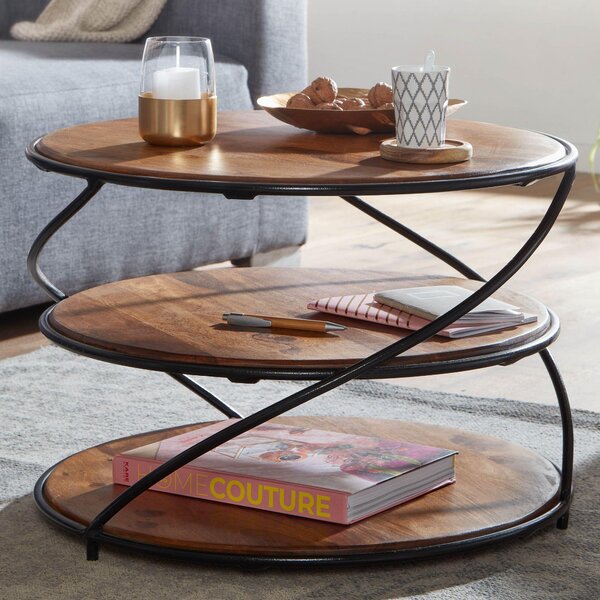 FineBuy Tavolino da caffè rotondo in legno massiccio di Sheesham Ø58 cm con 3 ripiani Tavolo da salotto fatto a mano in legno e metallo Tavolino in stile industriale