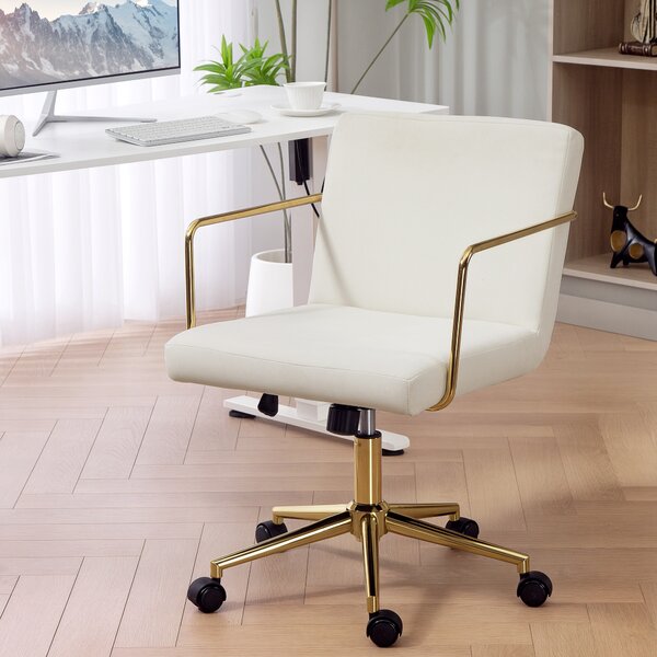 HOMCOM Sedia da ufficio con base in metallo e ruote, rivestimento in tessuto effetto velluto, Bianco crema | Aosom Italy