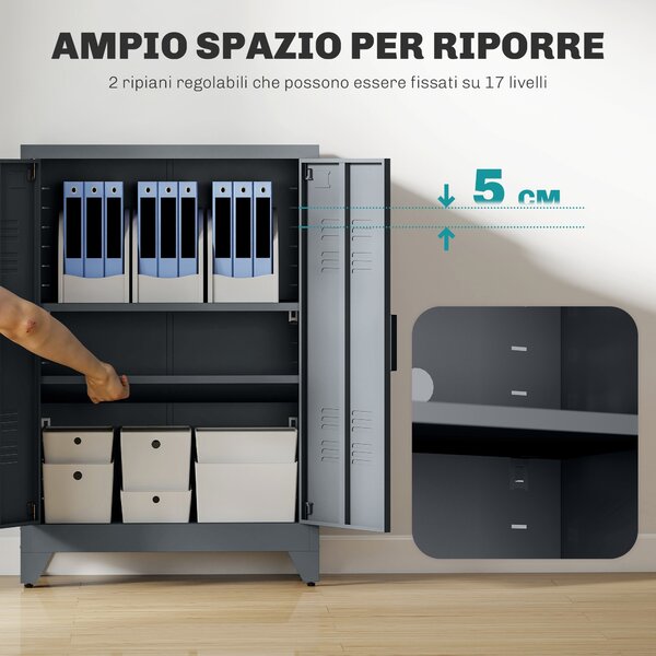 HOMCOM Mobiletto Multiuso a 2 Ante Stile Industriale, Armadietto Metallico per Casa e Garage, 75x33x110cm, Grigio|Aosom