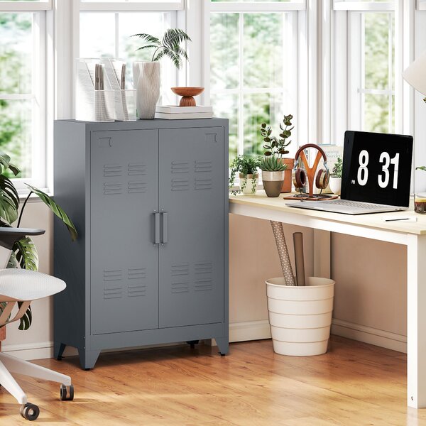 HOMCOM Mobiletto Multiuso a 2 Ante Stile Industriale, Armadietto Metallico per Casa e Garage, 75x33x110cm, Grigio|Aosom