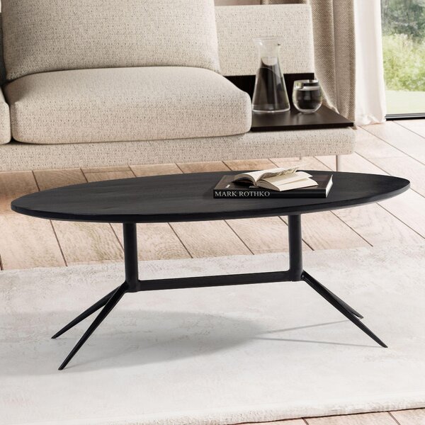 FineBuy tavolino 90x50x35 cm mango legno massiccio/metallo nero tavolo divano tavolo ovale soggiorno con venature legno naturale tavolino soggiorno