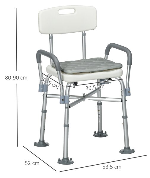 HOMCOM Sedia Doccia ad Altezza Regolabile con Braccioli e Cuscino Rimovibile 53.5x52x80-90 cm, Bianca|Aosom