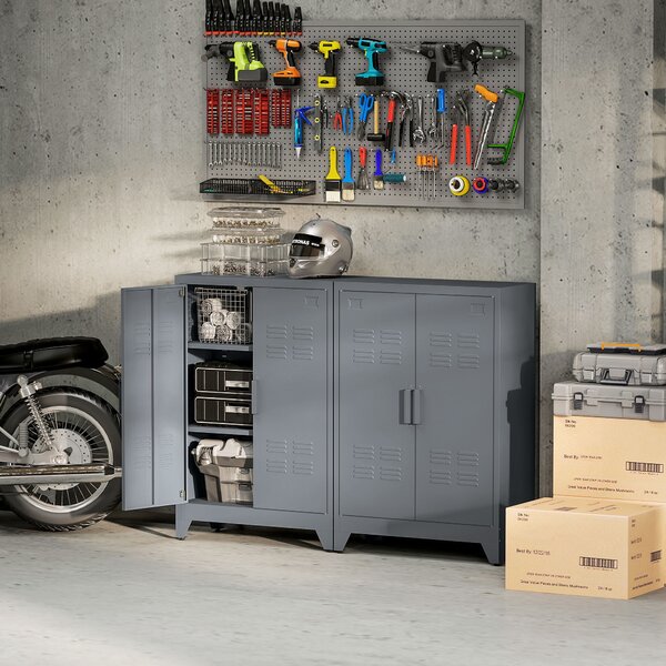 HOMCOM Mobiletto Multiuso a 2 Ante Stile Industriale, Armadietto Metallico per Casa e Garage, 75x33x110cm, Grigio|Aosom