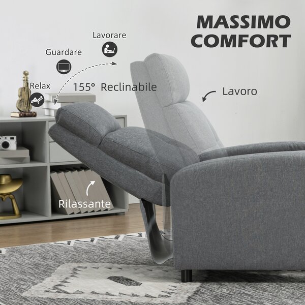 HOMCOM Poltrona Reclinabile 155° max in Tessuto Effetto Lino Grigio con Poggiapiedi, 67x87x98 cm | Aosom Italy