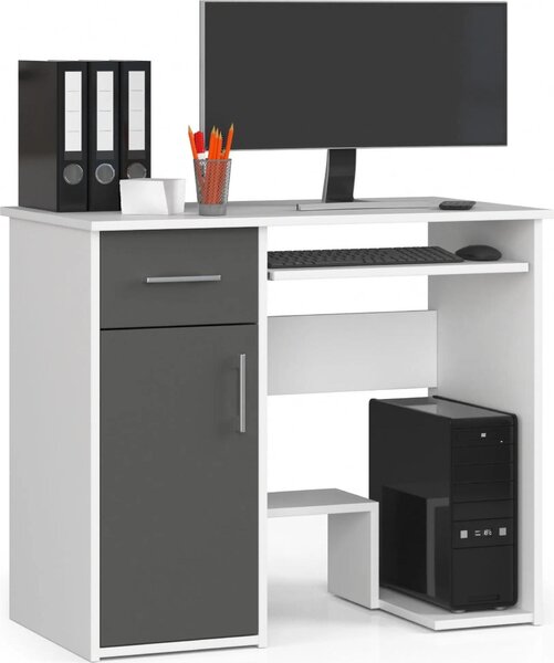 Scrivania JAY 90 cm Bianca e Grigio Grafite con Cassetto e Mensola Estraibile per Tastiera