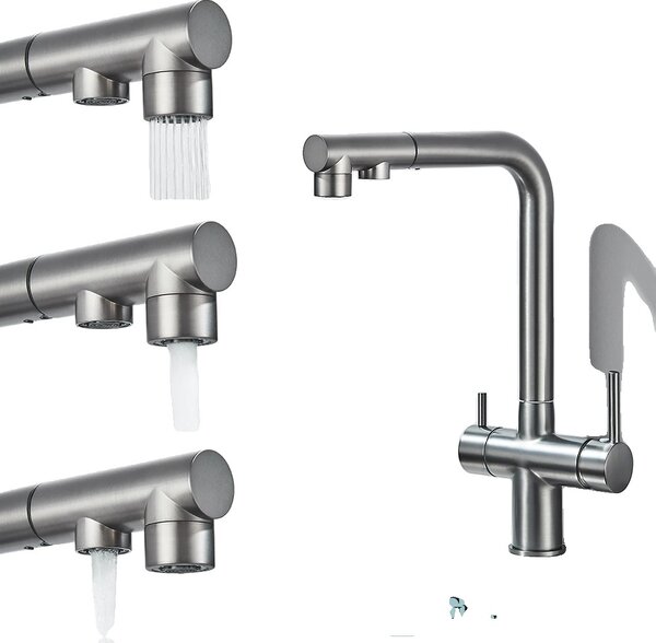 Miscelatore da cucina a due fori, acqua calda e fredda selezionabile, design contemporaneo in ottone, grigio