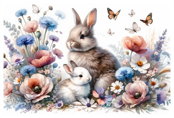 Quadro su tela – Coniglietti in giardino primaverile in fiore