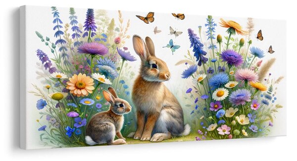 Quadro su tela – Fiori di campo e coniglietti tra le farfalle