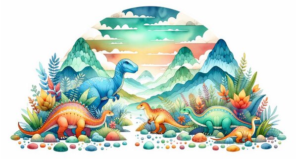 Quadro su tela – Dinosauri colorati tra le montagne