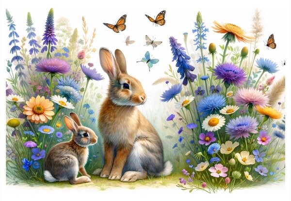 Quadro su tela – Coniglietti su prato fiorito di primavera
