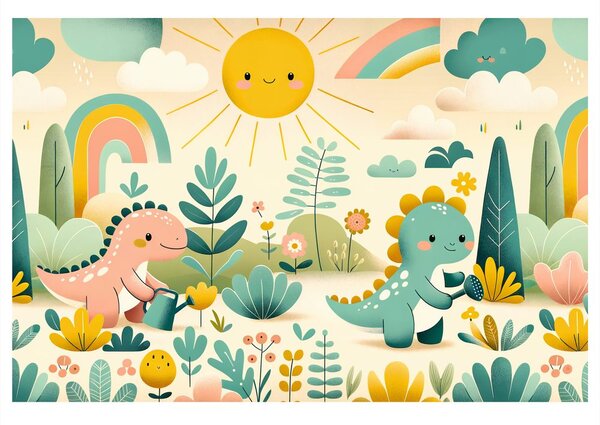 Quadro su tela – Giornata di gioco dei piccoli dinosauri nella natura