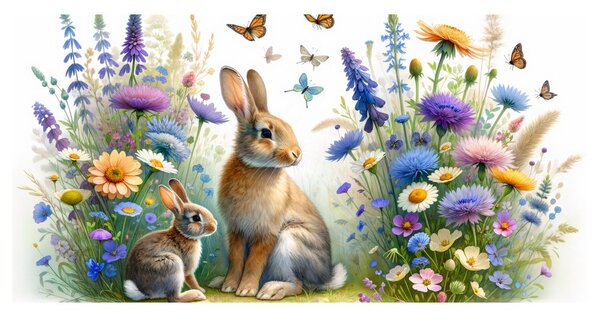 Quadro su tela – Fiori di campo e coniglietti tra le farfalle