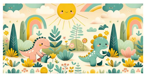 Quadro su tela – Amici dinosauri in giardino colorato