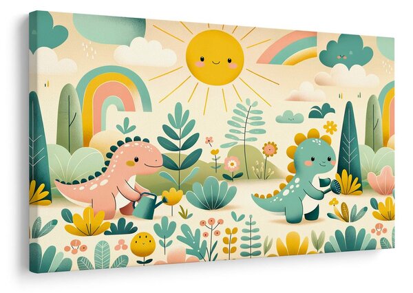 Quadro su tela – Giornata di gioco dei piccoli dinosauri nella natura