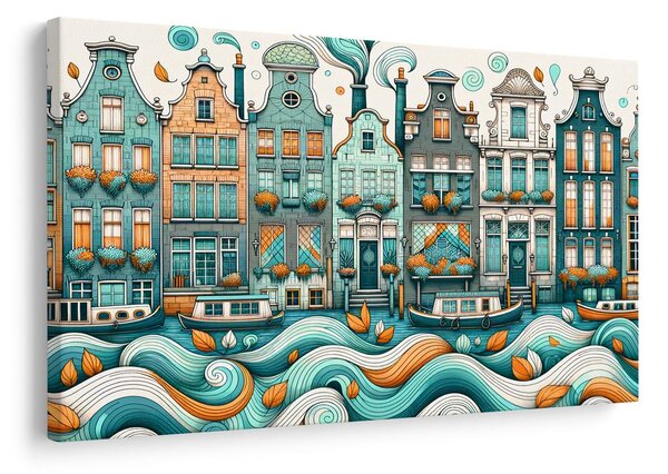 Quadro su tela – Case colorate lungo un canale ondulato