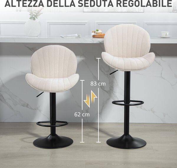 HOMCOM Set 2 Sgabelli da Bar a Conchiglia con Poggiapiedi, in Tessuto Effetto Ciniglia, 48x50x94-115 cm, Nero e Beige | Aosom Italy