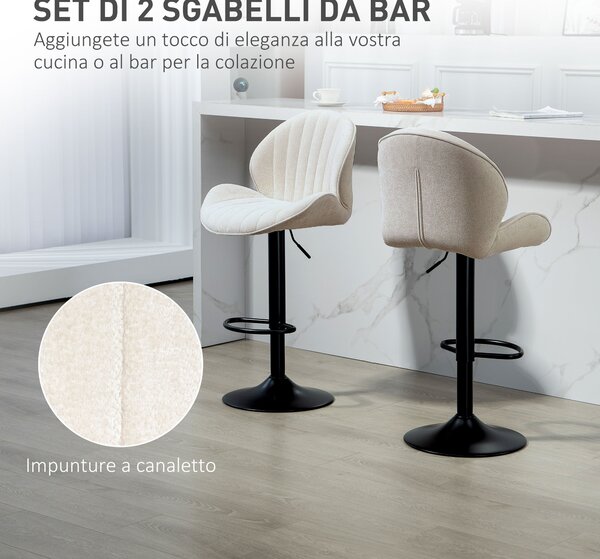 HOMCOM Set 2 Sgabelli da Bar a Conchiglia con Poggiapiedi, in Tessuto Effetto Ciniglia, 48x50x94-115 cm, Nero e Beige | Aosom Italy