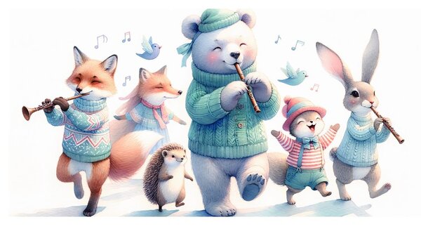 Quadro su tela – Dolci animaletti con flauti in inverno