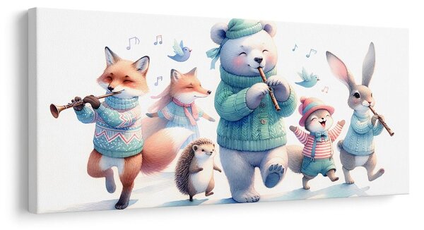 Quadro su tela – Dolci animaletti con flauti in inverno