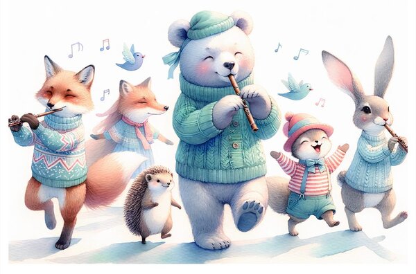 Quadro su tela – Parata musicale di animali nel paesaggio invernale