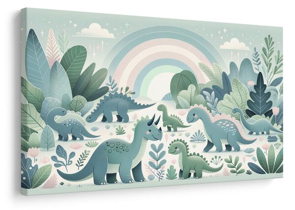 Quadro su tela – Dinosauri felici in una foresta da favola