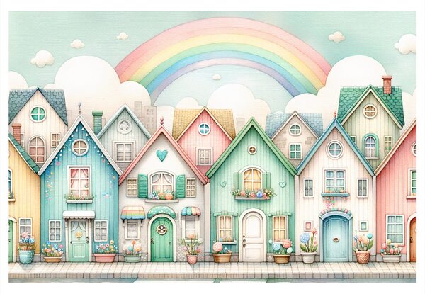 Quadro su tela – Casette pastello con arcobaleno