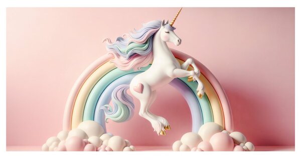 Quadro su tela – Unicorno fiabesco su arcobaleno pastello