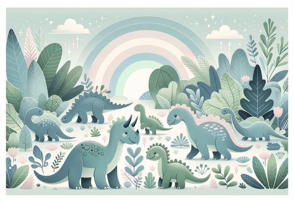 Quadro su tela – Dinosauri felici in una foresta da favola