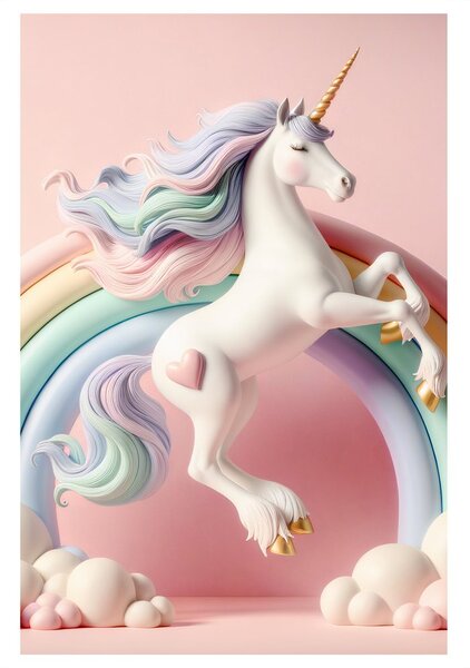 Quadro su tela – Mondo rosa con unicorno e arcobaleno