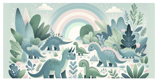 Quadro su tela – Paesaggio di dinosauri sotto arcobaleno pastello