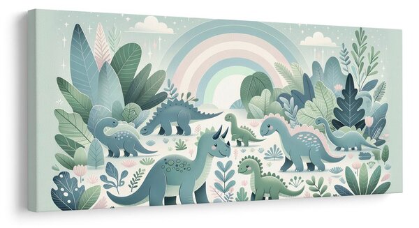 Quadro su tela – Paesaggio di dinosauri sotto arcobaleno pastello