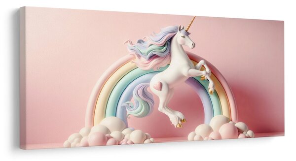 Quadro su tela – Unicorno fiabesco su arcobaleno pastello