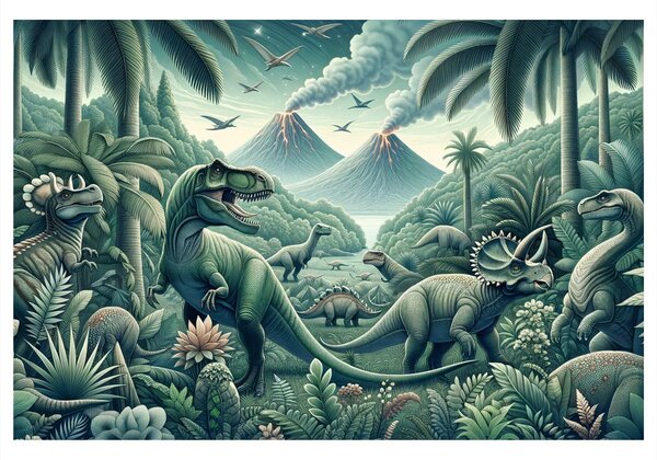 Quadro su tela – Dinosauri nella giungla con vulcani