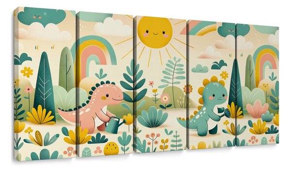 Quadri 5 pezzi – Dinosauri allegri in paesaggio arcobaleno