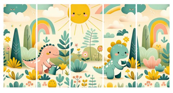 Quadri 5 pezzi – Dinosauri allegri in paesaggio arcobaleno