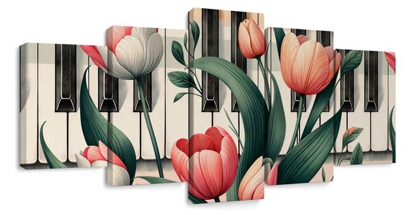 Quadri 5 pezzi – Note floreali di primavera sui tasti del pianoforte