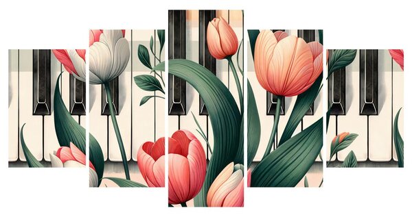Quadri 5 pezzi – Note floreali di primavera sui tasti del pianoforte