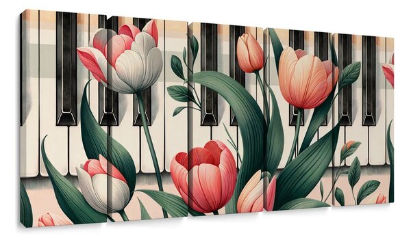 Quadri 5 pezzi – Pianoforte e tulipani in sinfonia floreale