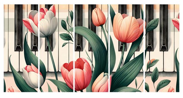 Quadri 5 pezzi – Pianoforte e tulipani in sinfonia floreale