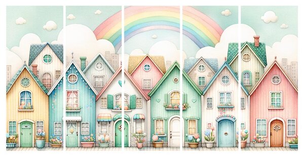 Quadri 5 pezzi – Vicolo colorato sotto il cielo arcobaleno