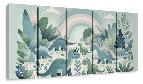 Quadri 5 pezzi – Mondo dei dinosauri con arcobaleno e giungla verde