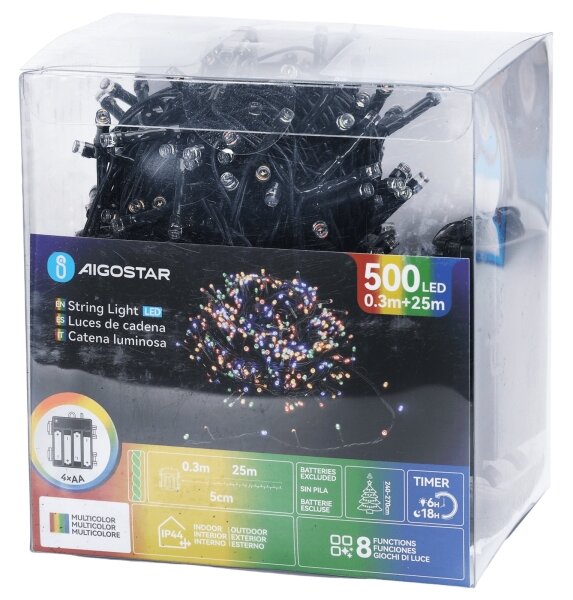 Aigostar - Catena luminosa natalizia da esterno a LED, 500 LED / 8 funzioni, 4xAA, 25,3 m, multicolore
