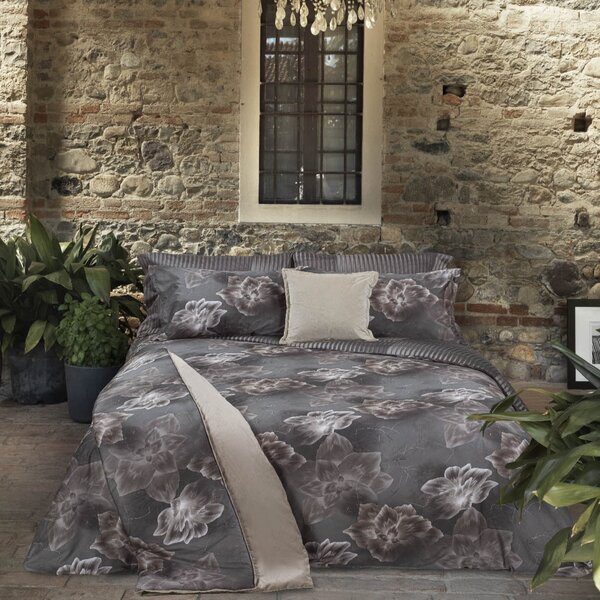 Completo Copripiumino MATRIMONIALE - 255X255 175X205 2 FEDERE 50X80 Macroflowers TORTORA Raso Di Cotone Caleffi