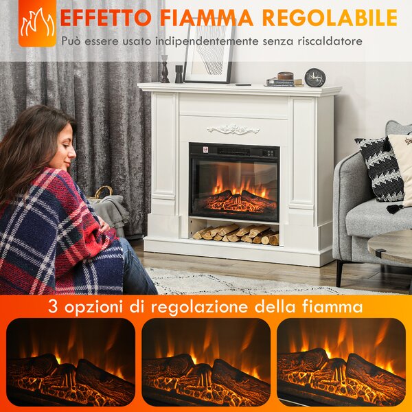 HOMCOM Camino Elettrico 1800W con Fiamma a 3 Intensità e Telecomando, in Legno, Metallo e Vetro, 117x30x100 cm, Bianco