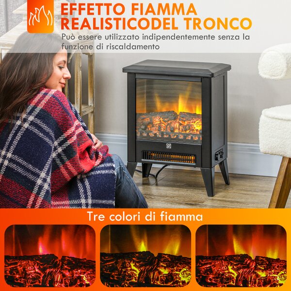 HOMCOM Camino Elettrico 1800W con Effetto Fiamma a 3 Intensità e Telecomando, in Metallo e Vetro, 36x21x47 cm, Nero | Aosom Italy