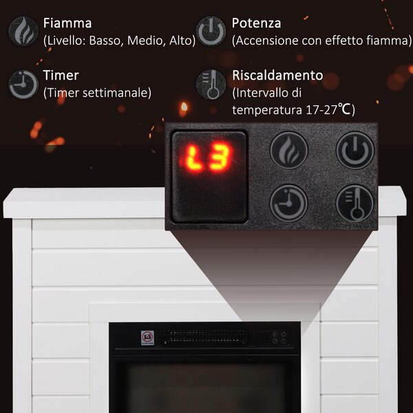 HOMCOM Camino Elettrico 1800W con Effetto Fiamma e Telecomando, in Legno, Metallo e Vetro, 96.5x22x81.7 cm, Bianco