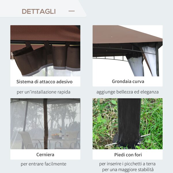 Outsunny Gazebo da Giardino con Zanzariera, Tetto a 2 Livelli e Struttura in Metallo, 3x3 m, Marrone | Aosom Italy