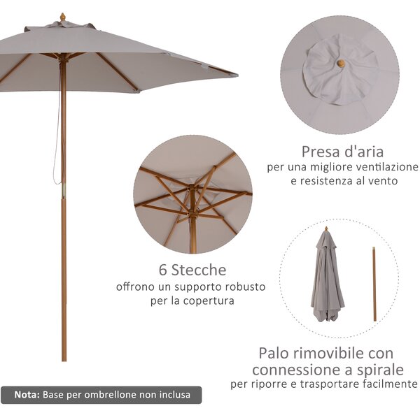 Outsunny Ombrellone da Giardino a 6 Stecche in Legno e Tessuto Poliestere, 2.5x2.3m, Grigio|Aosom